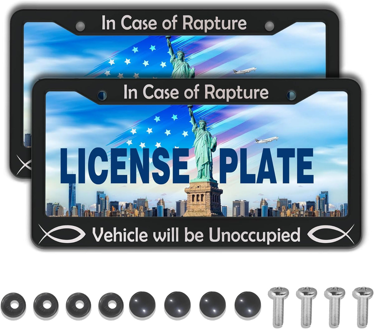License Plate Frames Black and White License Plate Frame in Case of Rapture Vehicle Will Be Unoccupied Aluminum Metal Car Accessory 2 Pack with Screw Covers Set