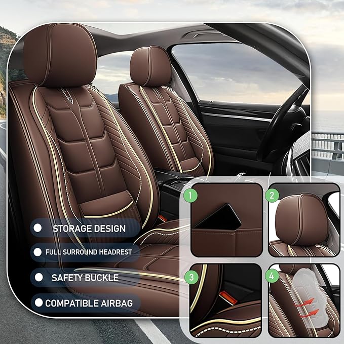Leather Car Seat Covers Fit for Toyota Mirai 2016-2024, 5 Seater Car Seat Cover, Premium Waterproof, Scratch Resistant Car Interior Accessories (Full Set Coffee)