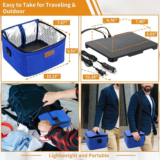 Aotto Portable Oven, Electric Lunch Box Food Heater - 12V/24V/110V 3-in-1 Car Food Warmer - Heated Lunch Box for Adults - Cook, Reheat & Keep Meals Warm for Car, Truck, Travel, Work, Home - Blue