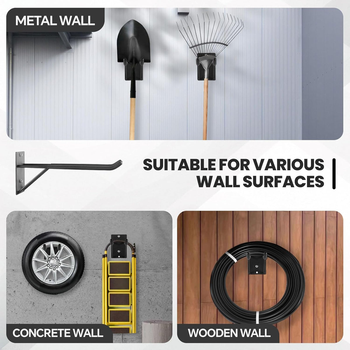 14" Large Heavy Duty Garage Hooks, 2-Pack Steel Garage Storage Hooks with Support Rods, Utility Wall Mount Hangers for Power Tools, Car Tires, Ladders, Chairs, Garden Tools and More