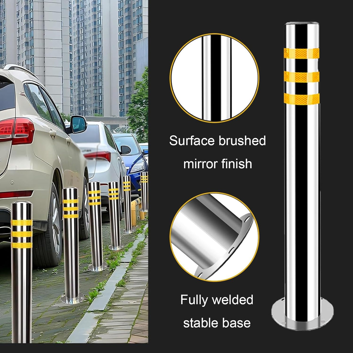Stainless Steel Parking Bollards for Driveway, Industrial Safety Bollards Reflective Channelizer Post, Parking Barrier, Sturdy and Durable, Easy to Install, for Crowd Control(Silver (4pcs),8.9*75cm/3.