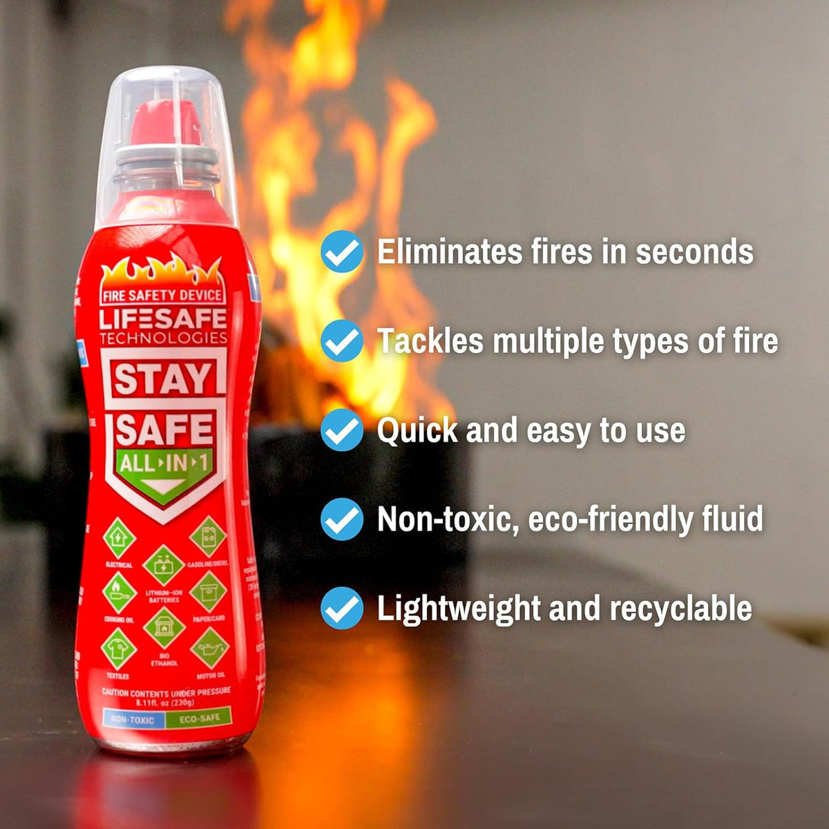LifeSafe Technologies StaySafe All-in-1 Portable Fire Extinguisher, Compact Fire Spray Easy to use on 10 Types of Fires, Non-Toxic & Eco-Friendly
