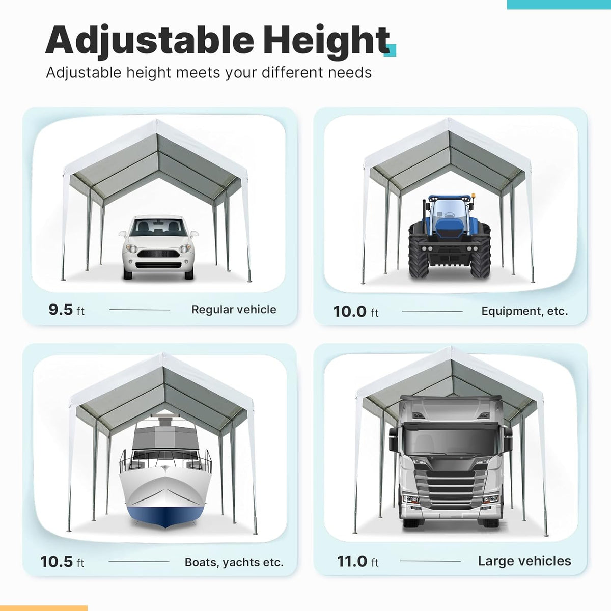 ADVANCE OUTDOOR Adjustable 10x20 ft Heavy Duty Carport Car Canopy Garage Boat Shelter Party Tent, Adjustable Height from 9.5 ft to 11 ft, White