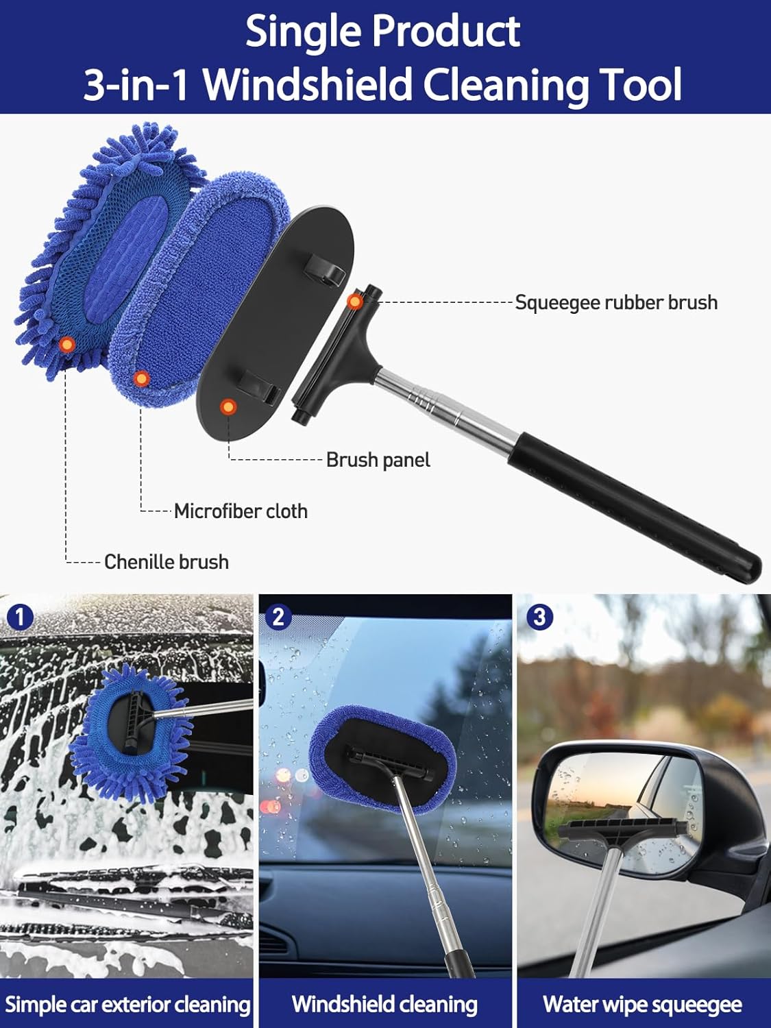 3 in 1 Car Windshield Cleaner Tool 40”Car Rearview Mirror Wiper Squeegee Wash Brush Extra Large Washable Microfiber Pad Extendable Handle Auto Window Glass Cleaning Kit Interior Exterior Dusting