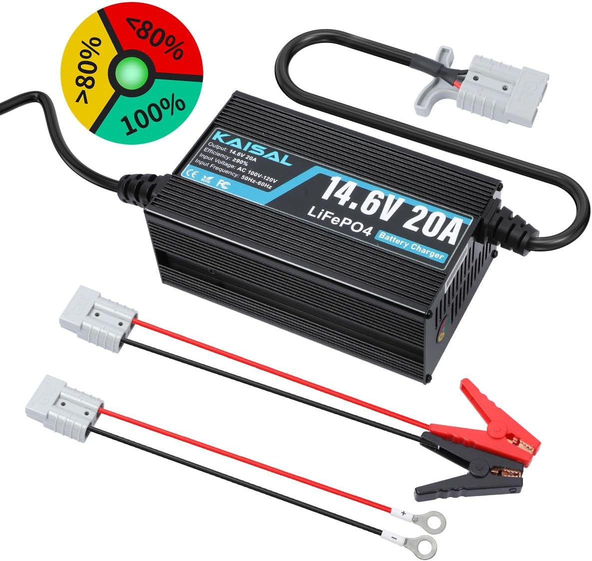 12V 20A Lithium Battery Charger 14.6V LiFePO4 Battery Charger for 12.8V LiFePO4 Lithium Deep Cycle Rechargeable Battery 0V Wake Up 12 Volt Charger with 2 Connectors for RV, Boat, Car, Marine, Solar