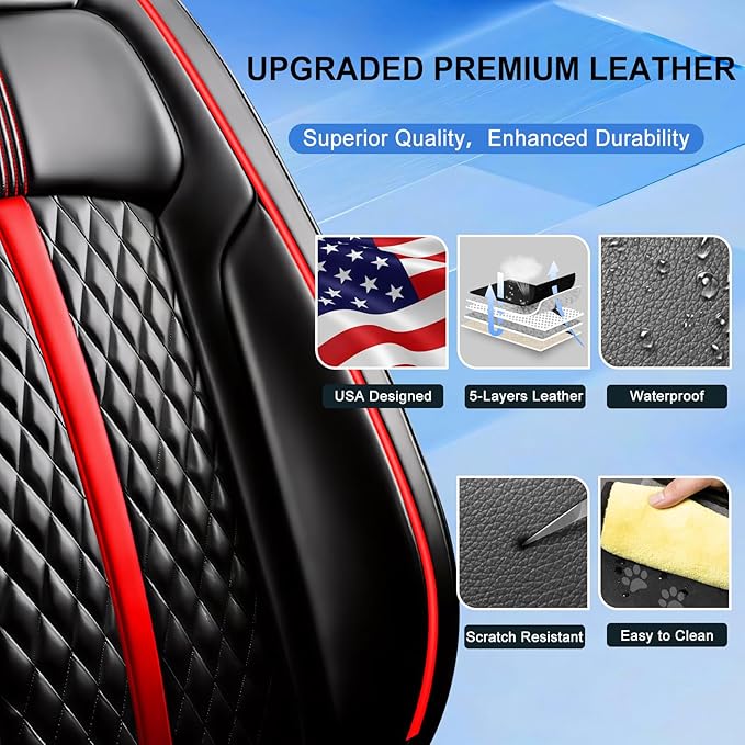 Fit Malibu Car Seat Covers (Front Pair) for Select Chevrolet/Chevy Malibu 2009-2025 - Full Coverage Leather, Airbag Compatible, Waterproof & All Weather Seat Cushion Protector, Red Trim