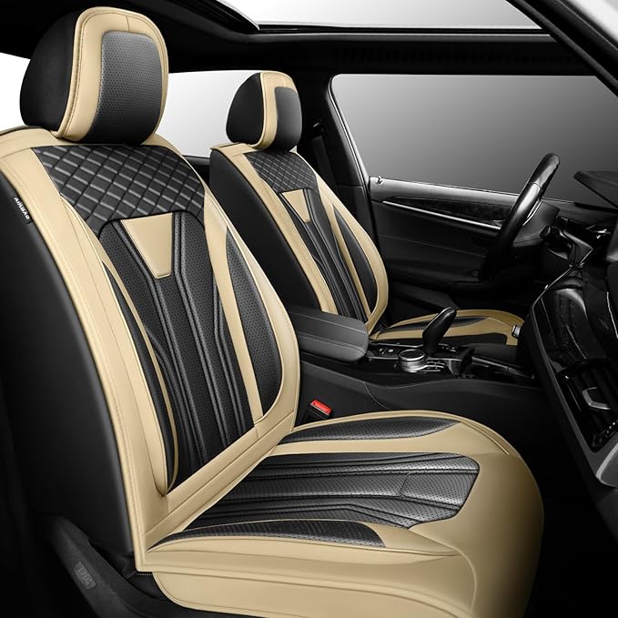 Fit Kicks Car Seat Covers， Compatible with Nissan Kicks 2018-2026 -Premium Leather, Waterproof Breathable All-Weather Seat Cushion Protector Airbag Compatible（2 Seats Front Pair，Beige & Black