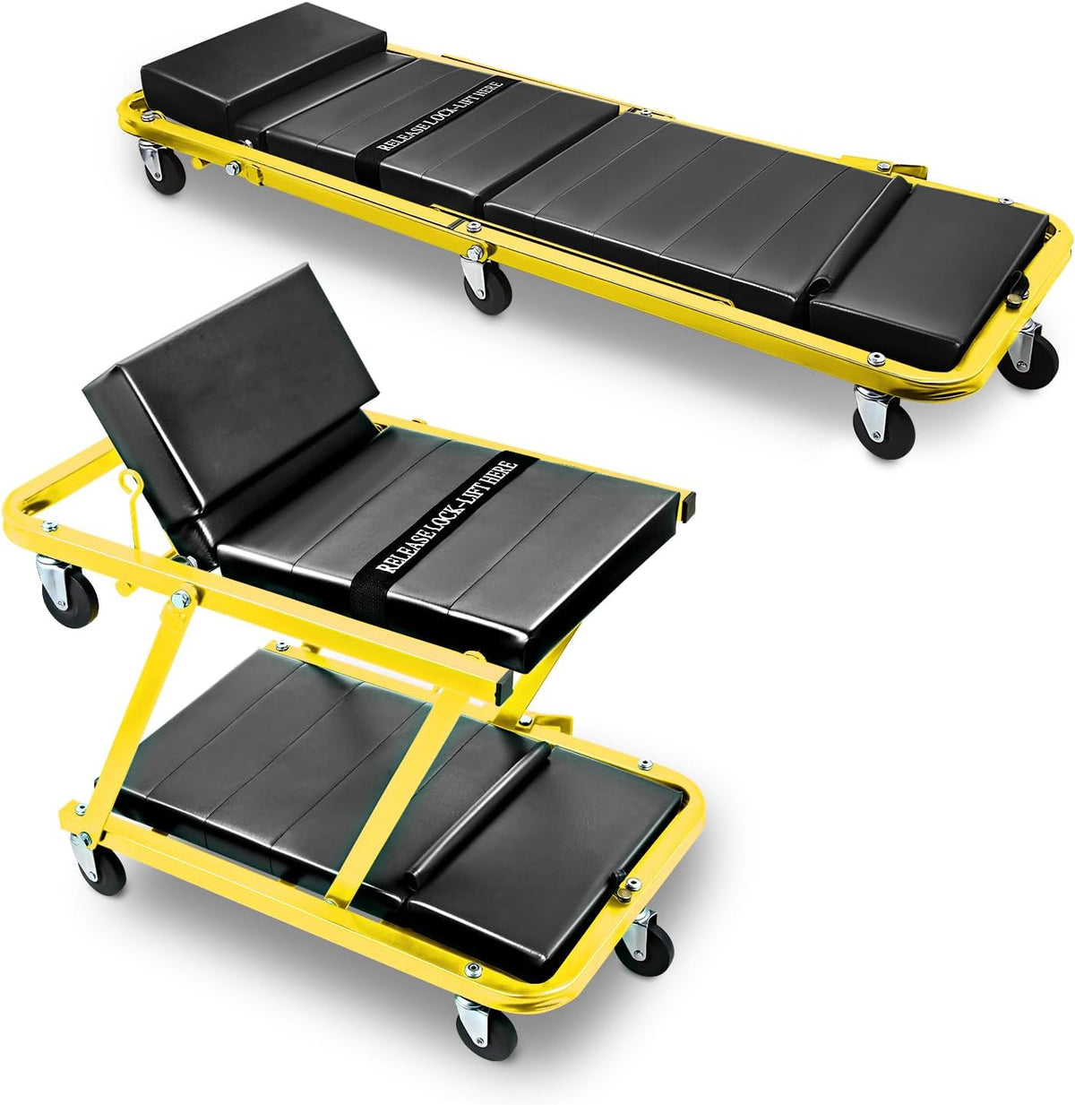 DNA MOTORING 48" 2 IN 1 Folding Rolling Garage Shop Creeper Roller Seat, 7 Pcs 2" Casters, 350 Lbs Weight Capacity, Yellow, TOOLS-00193-YL