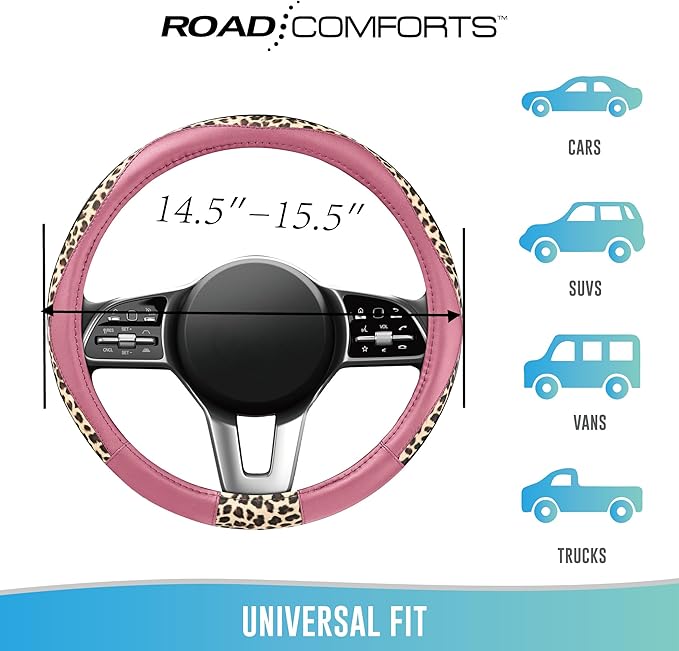 Road Comforts Steering Wheel Cover - Made with PVC Leather and Leopard Fabric - Universal 14 1/2 inches to 15 inches for Most Automotive Steering Wheel - Cheetah Print -Pink