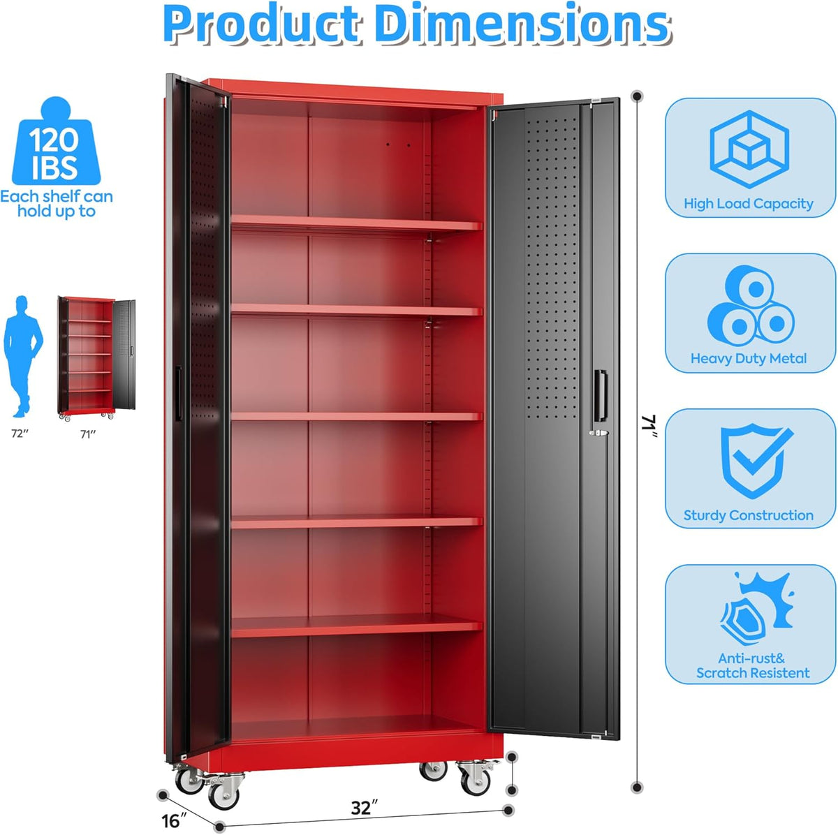 71" H×32" W×16" D Garage Storage Cabinet with Wheels, Locking Metal Storage Cabinet with 5 Adjustable Shelves, 4 Hooks and Pegboard for Garage, Home Office, Kitchen, Black and Red