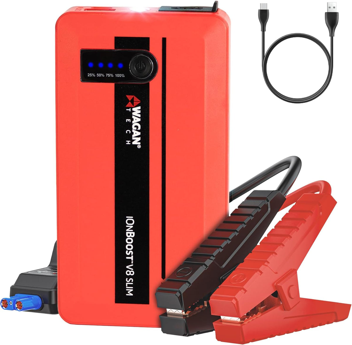 Wagan EL7601 iOnBoost V8 Slim Jump Starter 1200A Peak 12V Portable Lithium Car Battery Booster for Up to 4.0L V8 Gas or 2.0L Diesel 12V Jump Pack with USB Power Bank and LED Light
