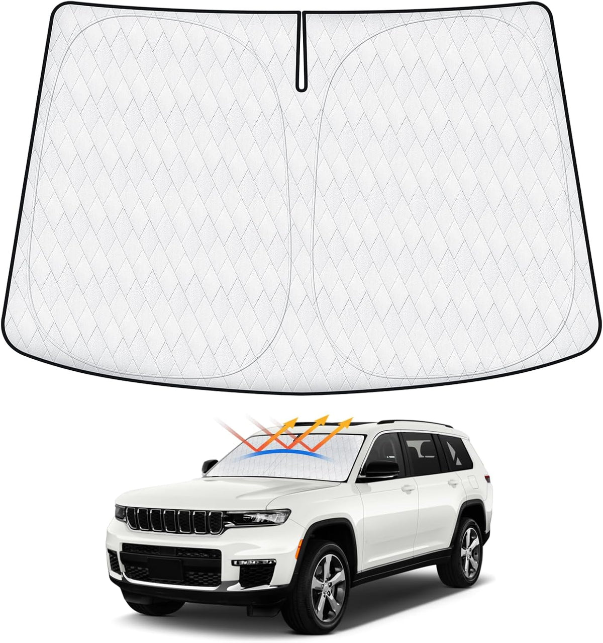 Windshield Sun Shade Fit for Jeep Grand Cherokee/Grand Cherokee L 2021-2024 2025, Sunshades for Grand Cherokee Accessories Foldable Window Sun Shade Sun Visor UPF50+