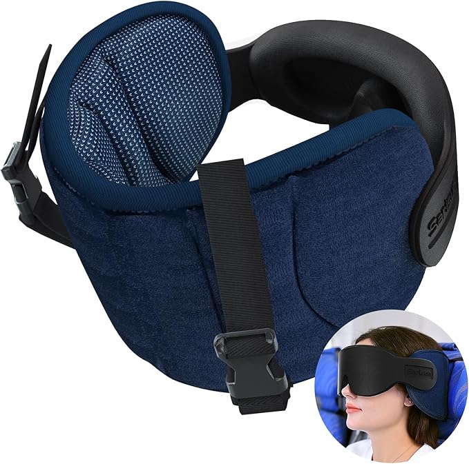 Travel Pillows for Airplanes, Airplane Pillow for Long Flight, Airplane Head Strap with Sleep Eye Mask, 360° Support Headrest for Car Trip, Travel Essentials Stop Bobblehead, Mottled Blue