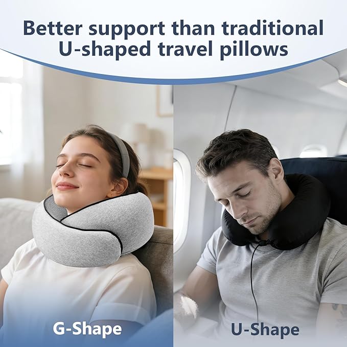 Travel Neck Pillow with 100% Pure Memory Foam, G-Shape, Includes Eye Mask & Ear Plugs, Ergonomic Design for Airplane, Car & Office, etc, Beige Gray