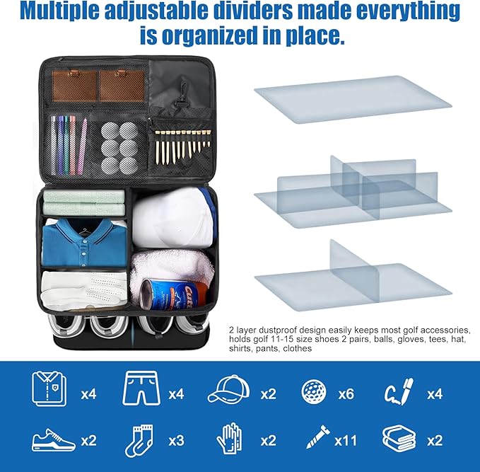Golf Trunk Organizer for Car SUV with Shoe Compartment & Divider | 2-Layer Golf Storage Bag for Balls, Tees, Accessories | Waterproof Golf Locker Gift for Men, Dad, Golfers