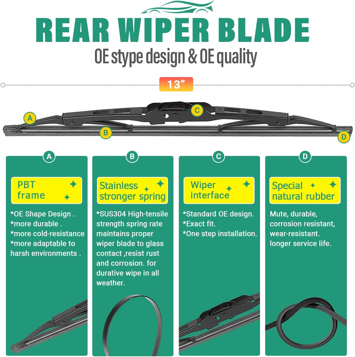 24" 18" 13" Windshield Wiper Blades Replacement for Chevrolet Chevy Equinox 2018 2019 2020 2021 Premium All Weather Front Rear Wipers Set - OEM Quality (Pack of 3)