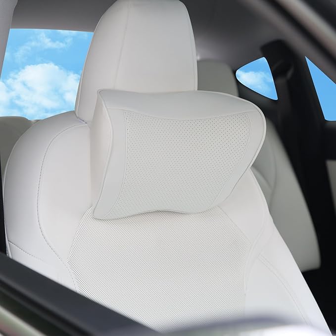 Car Headrest Pillow 100% Memory Foam, Breathable Removable Leather Cover, Premium Seat Support Head Neck Cushion for Driving Travel Home Office, White, 1 Pack