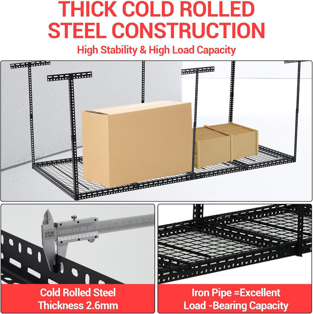 Overhead Garage Storage Rack, Heavy Duty Ceiling Storage Racks for Garage, Adjustable Height, 660LBS Weight Loading,4x8 FT Hanging Organizer Shelving for Warehouse Basement, Black