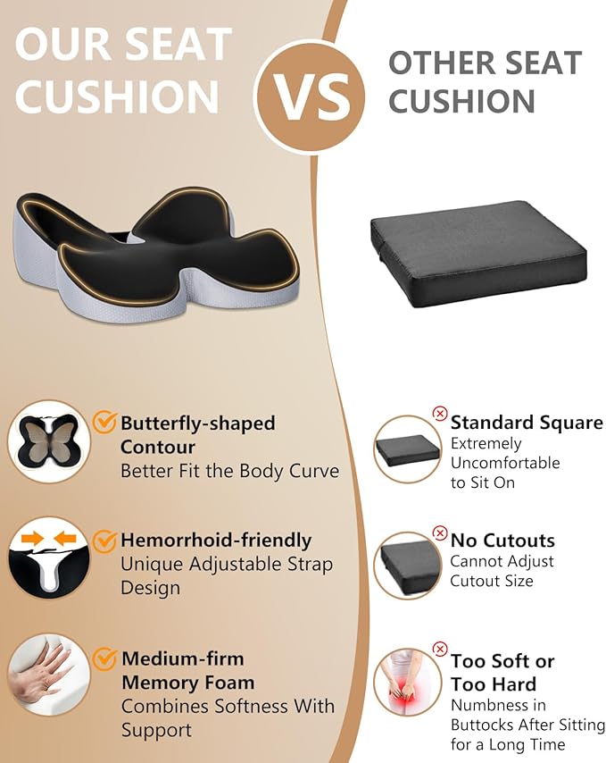 Seat Cushion for Office Chair,Butterfly Memory Foam Seat Cushion for Office,Dask,Car,Wheelchair, Tailbone Pain Relief Cushion for Long Sitting - Back, Sciatica, Coccyx,Hemorrhoids