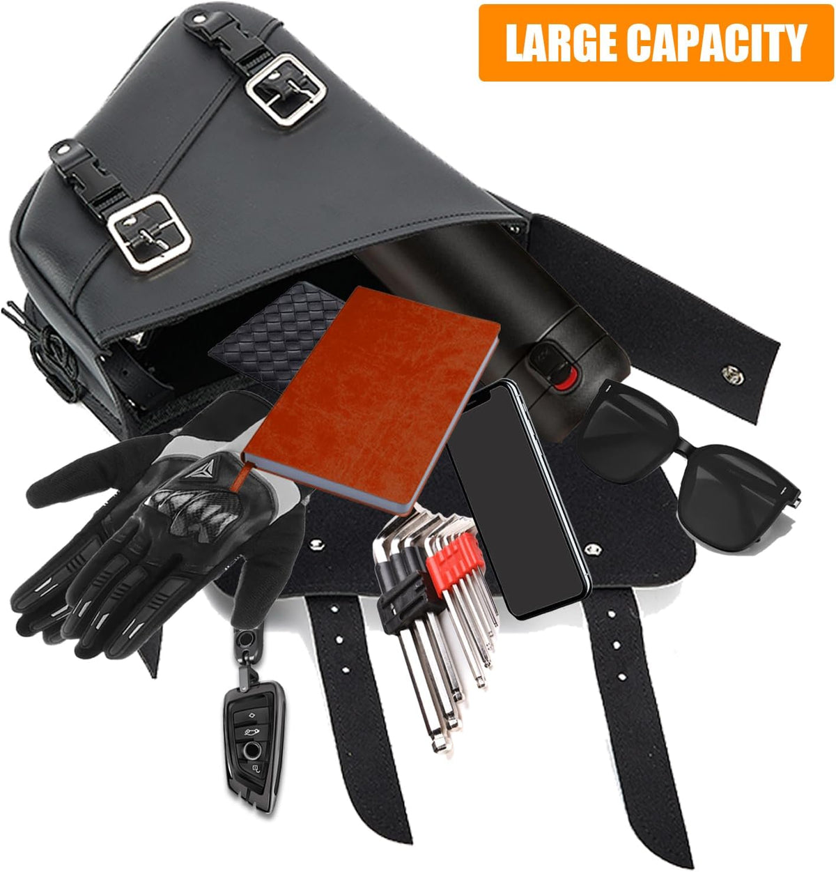 GARGOYLE BELLS Motorcycle Saddle Bags Solo Swing Arm Bag For Sportster Softail PVC Waterproof Motorcycle Luggage Bags for Motorcycle or Bike (Left Side, Black PVC)