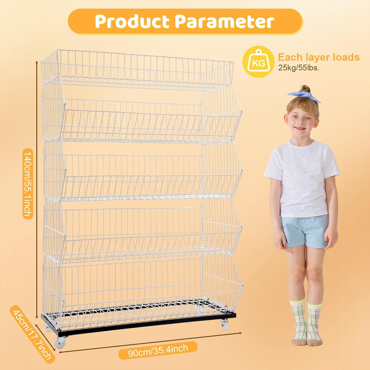 Retail Display Rack 5-Tier Market Merchandise Display Shelf Fruit Storage Shelf Vegetable Snack Basket Retail Store Supplies with Wheels for Home Store Market (18" D X 35" W X 55" H-White)