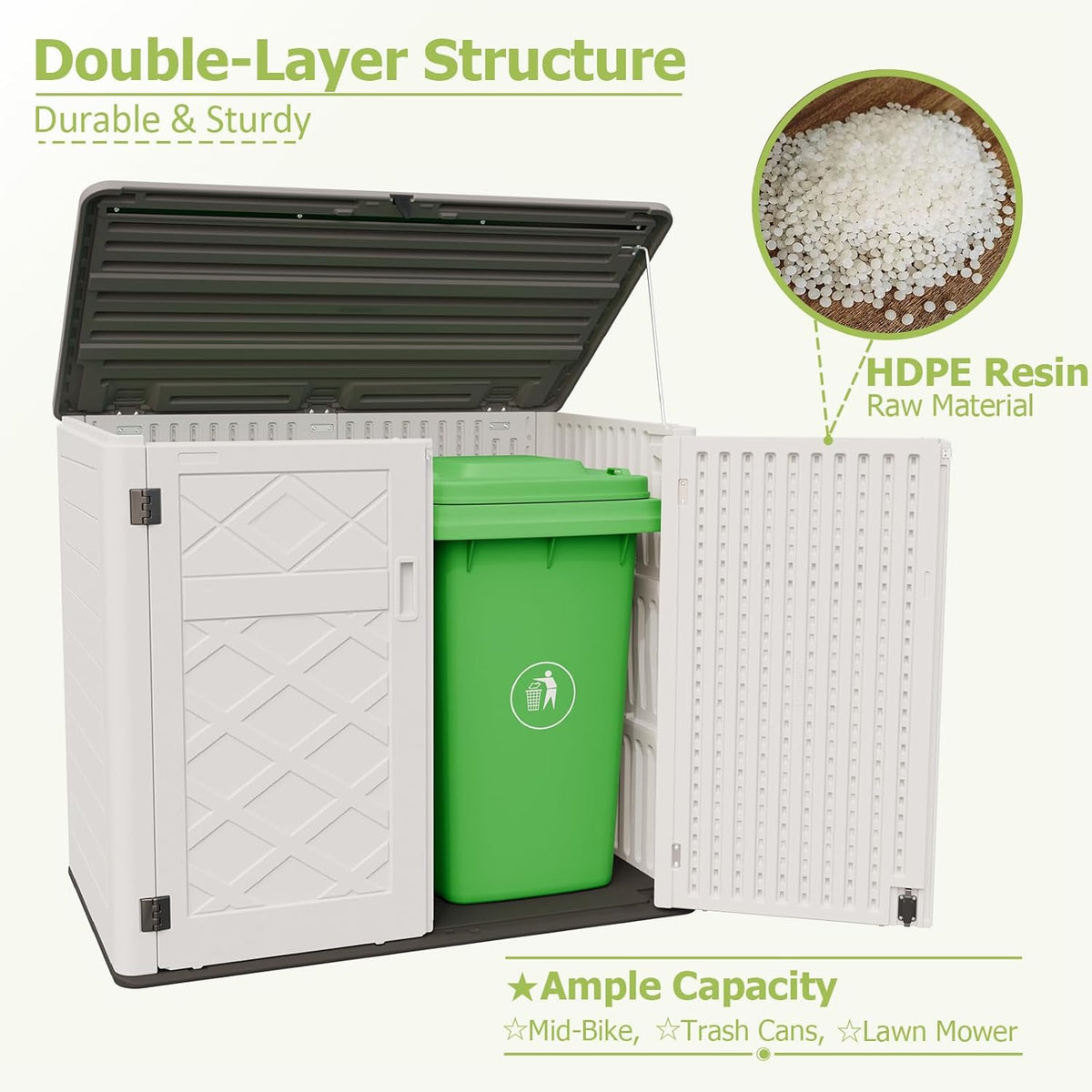 HOMSPARK Storage Shed Weather Resistance, Multi-Purpose Outdoor Storage Cabinet for Backyards and Patios, Horizontal Storage Shed for Lawnmower, Patio Accessories (Off-White, Large - 48 cu.ft)