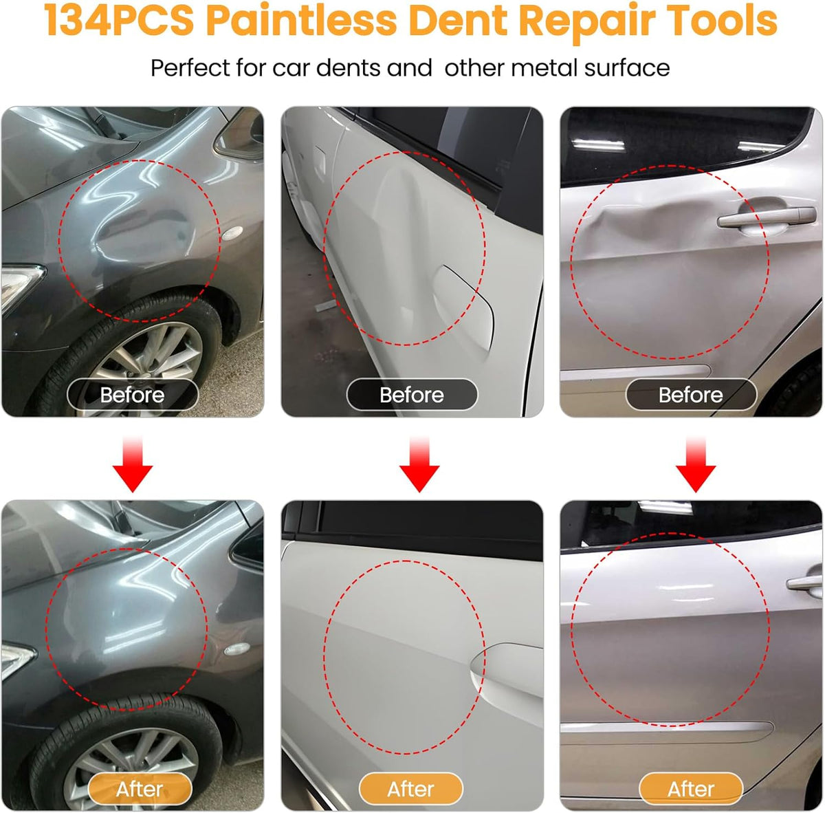 134PCS Dent Puller, Paintless Dent Removal Kit – All-in-One Car Dent Puller Kit with Slide Hammer 2 in 1 T-Bar, Golden Lifter, Bridge Puller–Dent Repair for Hail, Dings
