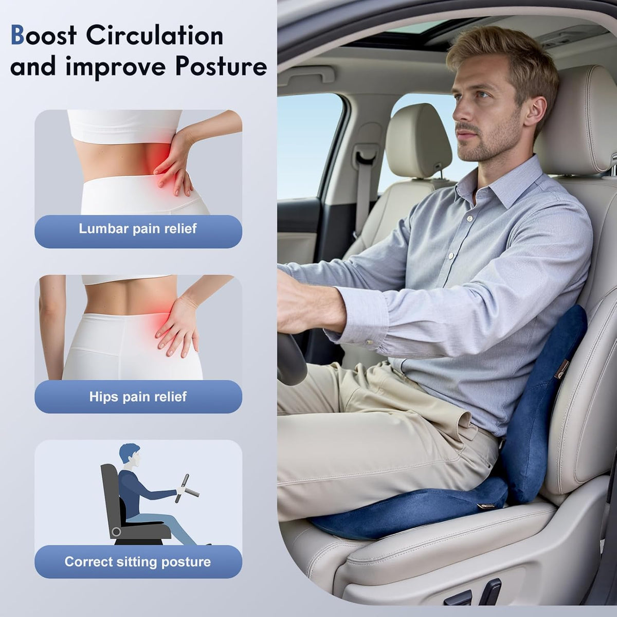 Coverado Memory Foam Car Seat Cushion and Lumbar Support Pillow for Car, Ergonomic Office Chair Cushion for Lower Back Pain Relief, Breathable & Non-Slip for Car, Home, and Office Use, Blue