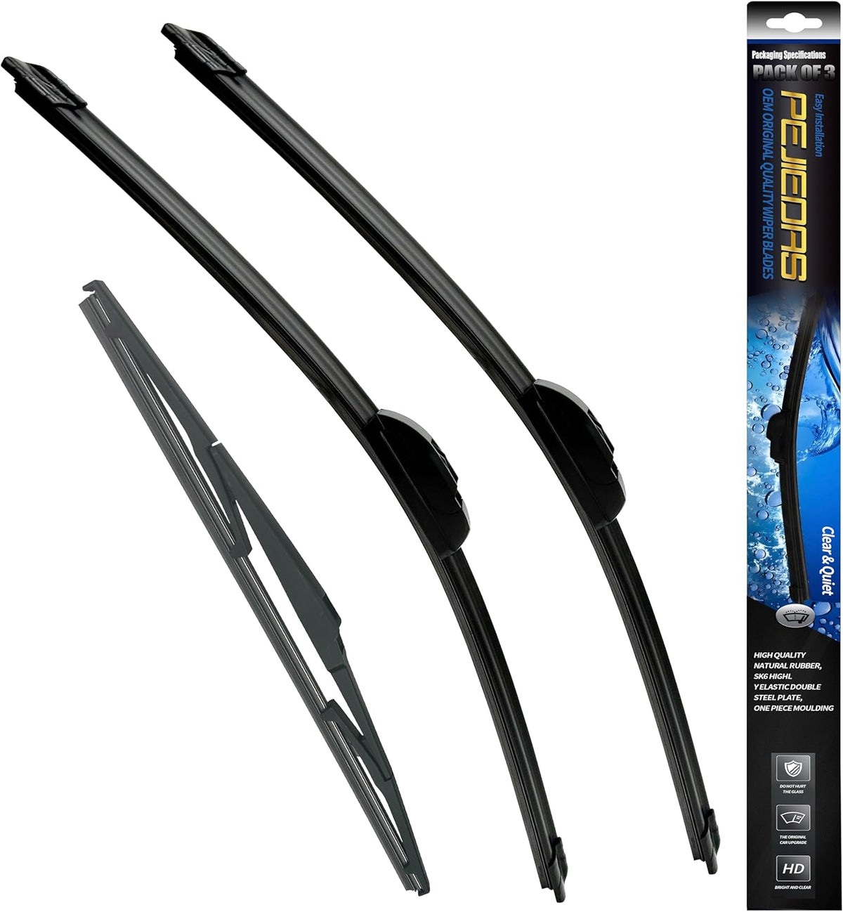 3 Wiper Blades, Front Wiper + Rear Wiper Blades for Toyota Prius 2010-2015 (26 inch + 19 inch + 16 inch) OE Original Style