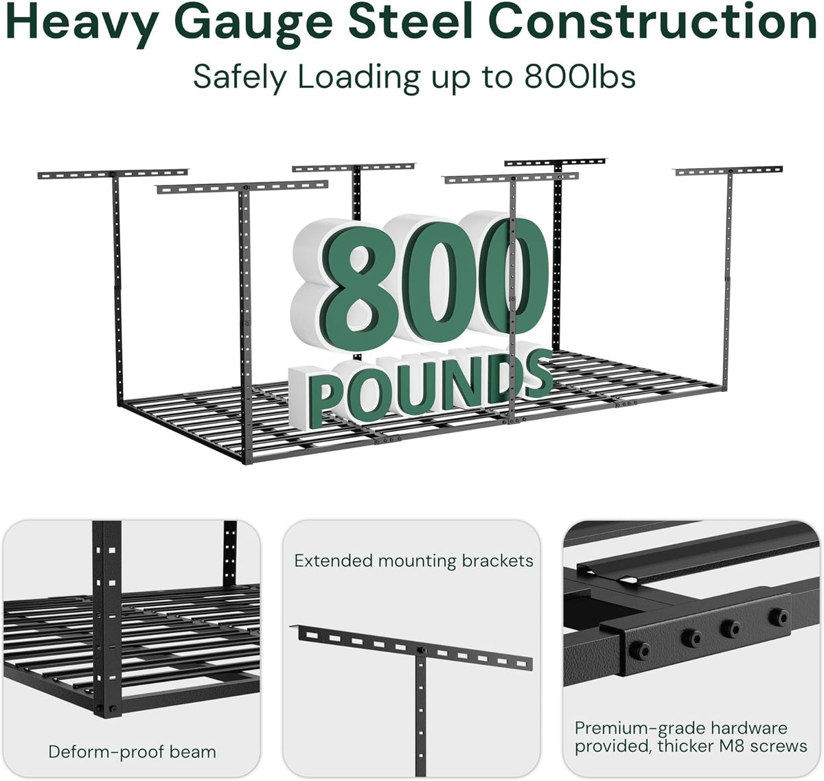 SunsGrove 2x8 Garage Storage Overhead Rack Organization, Adjustable Ceiling Mounted Storage Racks, 800LBS Weight Capacity, 22"-40" Ceiling Dropdown, Black