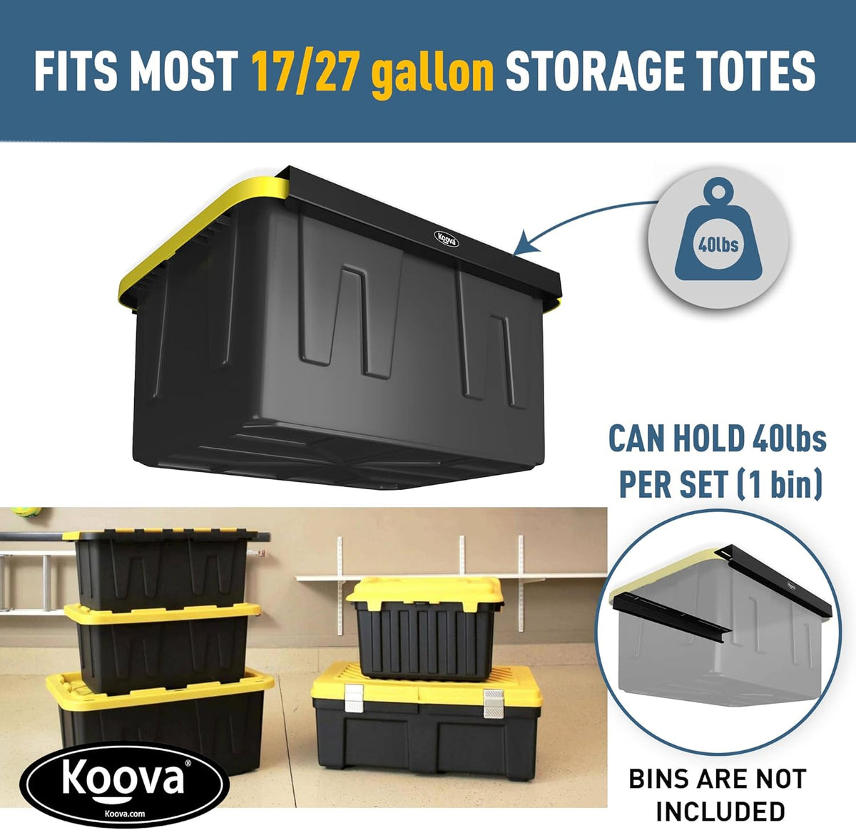 Koova Heavy-Duty Overhead Garage Storage Rack for 1 Bin. Adjustable Width, 40lb Capacity. DIY Super Safe Ceiling Mount, Easy 4-Bolt Install. Fits 27-Gallon Tote. USA Made Steel. Space Saving Organizer