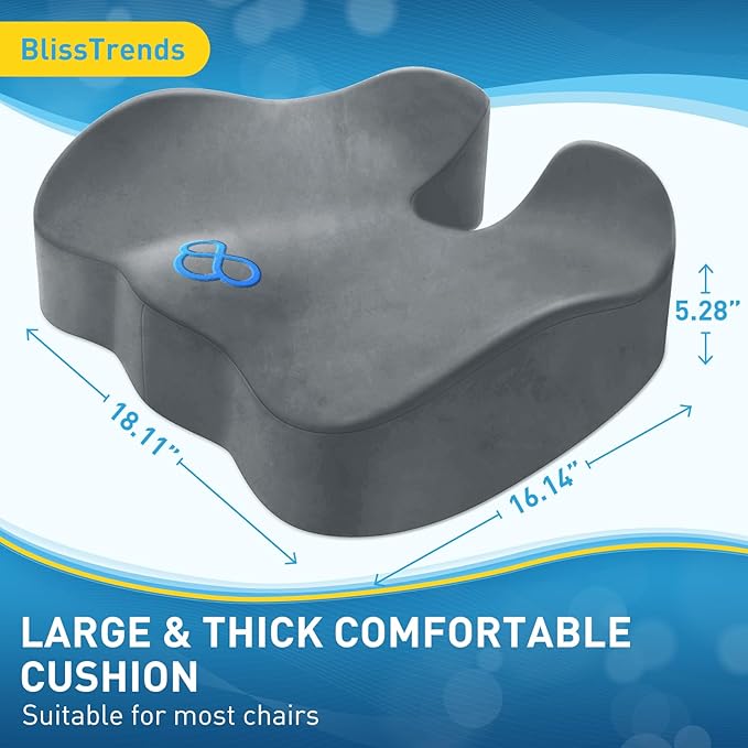 BlissTrends Seat Cushion,5.2in Thick Memory Foam Cushions for Office Chair, Car Seat, Airplane, Relieving Pressure Tailbone Sciatica Back Pain for Long Sitting Office Workers, Car Drivers LightGrey