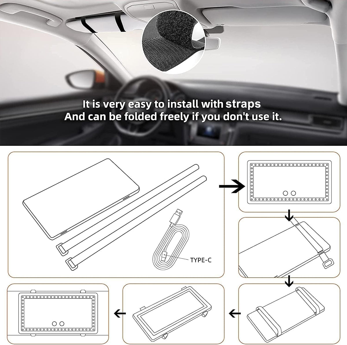 Car Sun Visor Vanity Makeup Mirror, 2 Pcs Rechargeable with 3 Light Modes & 60 LEDs - Dimmable Clip-on Rear View Sun-Shading Cosmetic Mirror, Universal for Car SUV Truck (Black)