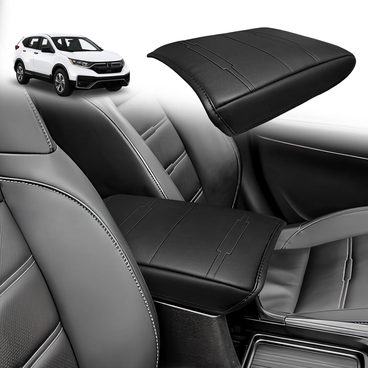 Muslogy Center Console Armrest Cover Compatible with 2017 2018 2019 2020 2021 2022 Honda CR-V Comfort Armrest Pad Arm Rest Cushion Vegan Leather Protector Black Regular Thick
