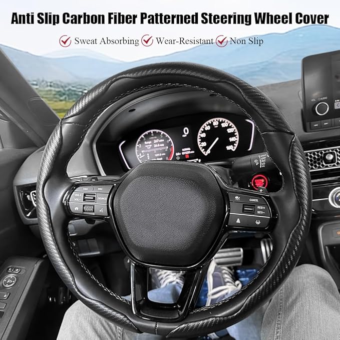 Pincuttee Carbon Fiber Steering Wheel Cover - 3PC Universal Non Slip Steering Wheel Protector, Matte Black