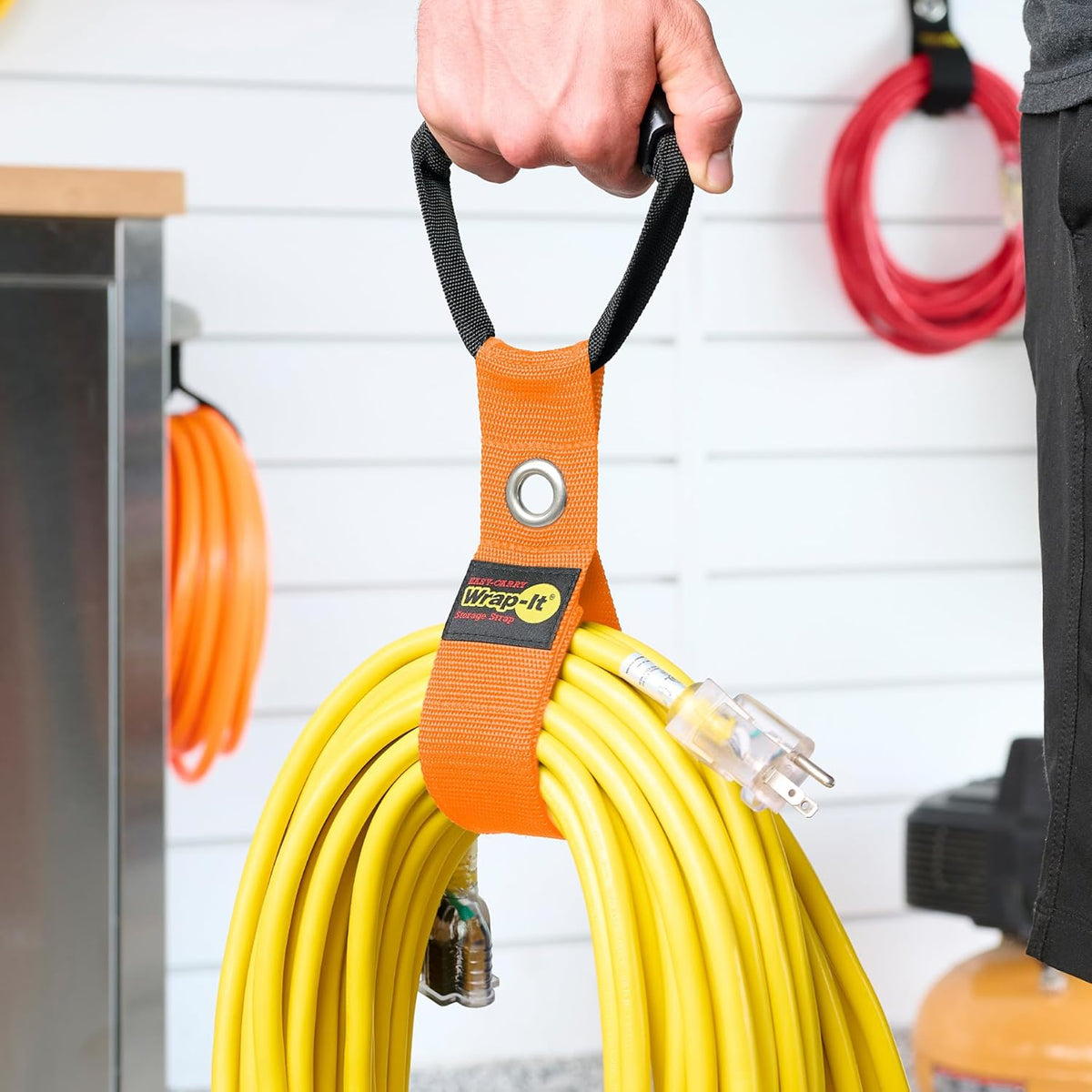 Easy-Carry Wrap-It Storage Straps - 17” (2-Pack) Blaze Orange with Grommet - Extension Cord Hanger Carrying Straps for RV Accessories