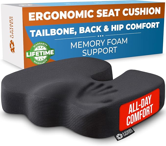5 STARS UNITED Seat Cushion - Memory Foam Chair Cushion for Tailbone Pain Relief - Ergonomic Support for Coccyx, Sciatica & Butt - Office, Desk & Gaming Chair, Car Seat, Wheelchair, Airplane, Black