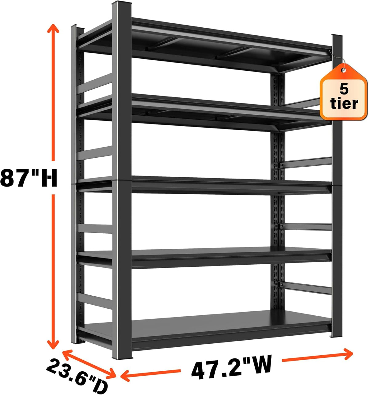 Heavy Duty Garage Shelving, 87" H x 47.2" W x 23.6" D, 3000 lbs Load Capacity, Sturdy Steel Metal Shelves for Storage, Industrial Black 5-Tier Shelving Rack for Garage, Basement, and Workshop
