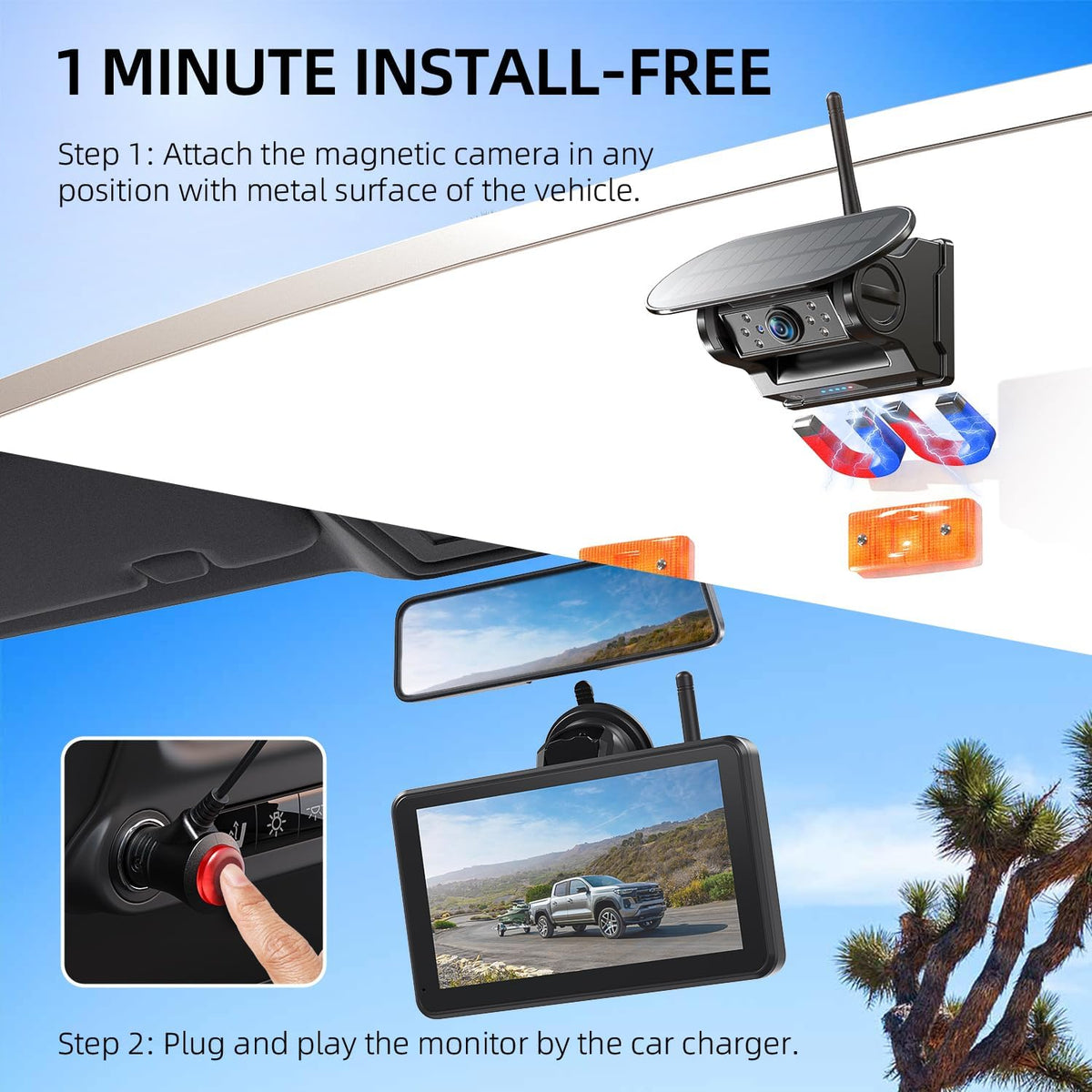 eRapta Magnetic Solar Wireless Backup Camera: HD1080P 7” Touchscreen Portable with DVR, BSD, 1-Min Install-Free IR Night Vision Hitch Backup Camera for Trailer/Truck/Small RV/Camper/Tractor-AWTCM701