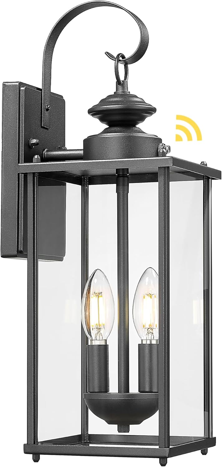 kudos Dusk to Dawn Outdoor Lighting,18.1 inch Light Sensor Porch Lights, Anti-Rust Waterproof Outdoor Wall Light for Patio, Garage, Black with Clear Glass, KDOWL02-BK-L-LC