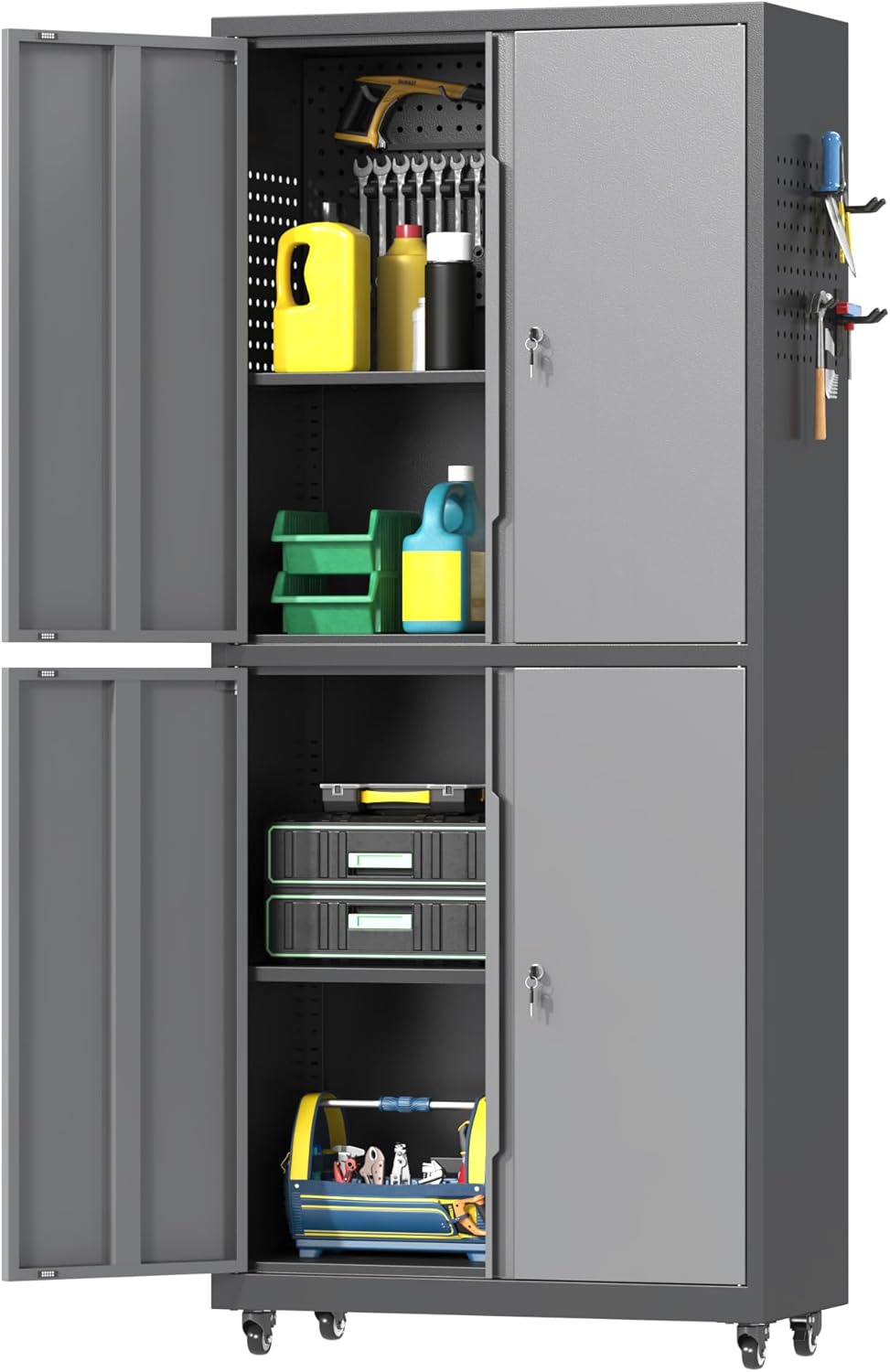 71" H Metal Tool Storage Cabinet with Lock and Wheels, Heavy Duty Garage Cabinet with 4 Doors and 2 Adjustable Shelves, Tool Organizer with Pegboard for Garage, Warehouse (Black&Gray, 71" H)