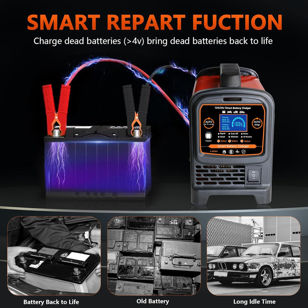 12V 24 Volt Car Battery Charger Heavy Duty, 0-15A Smart Automatic Battery Maintainer, High/Low Power Trickle Charger and Desulfator with Auto Shutoff, Repair, Winter Mode, for Car Truck Boat RV