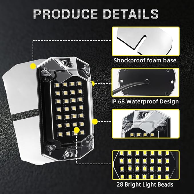 8 Pods Full Angle Pure White LED Rock Lights for Jeeps Truck Golf Cart ATV UTV RZR SUV Offroad Pickup, 6500K Super Bright Waterproof White Underglow Kit with Switch Wiring Harness Extension Wires