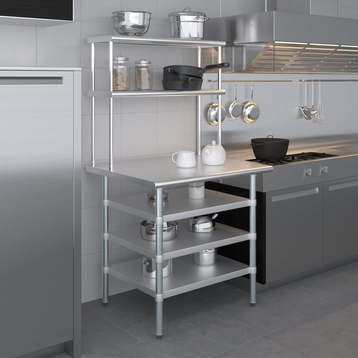 Amgood 30" x 36" Stainless Steel Work Table with 3 Shelves and 12" Wide Double Tier Overshelf | Metal Kitchen Prep Table & Shelving Combo | NSF