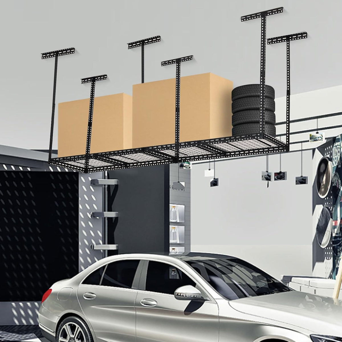 Overhead Garage Storage Rack 2x8 FT, Steel Ceiling Shelves 660lb Capacity, Height Adjustable 22-40 Inches, Space-Saving for Attic Basement Shed (Black, 6 Posts)