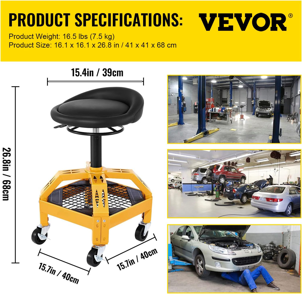 VEVOR Rolling Garage Stool, 300LBS Capacity, Adjustable Height from 24 in to 28.7 in, Mechanic Seat with 360-degree Swivel Wheels and Tool Tray, for Workshop, Auto Repair Shop, Yellow