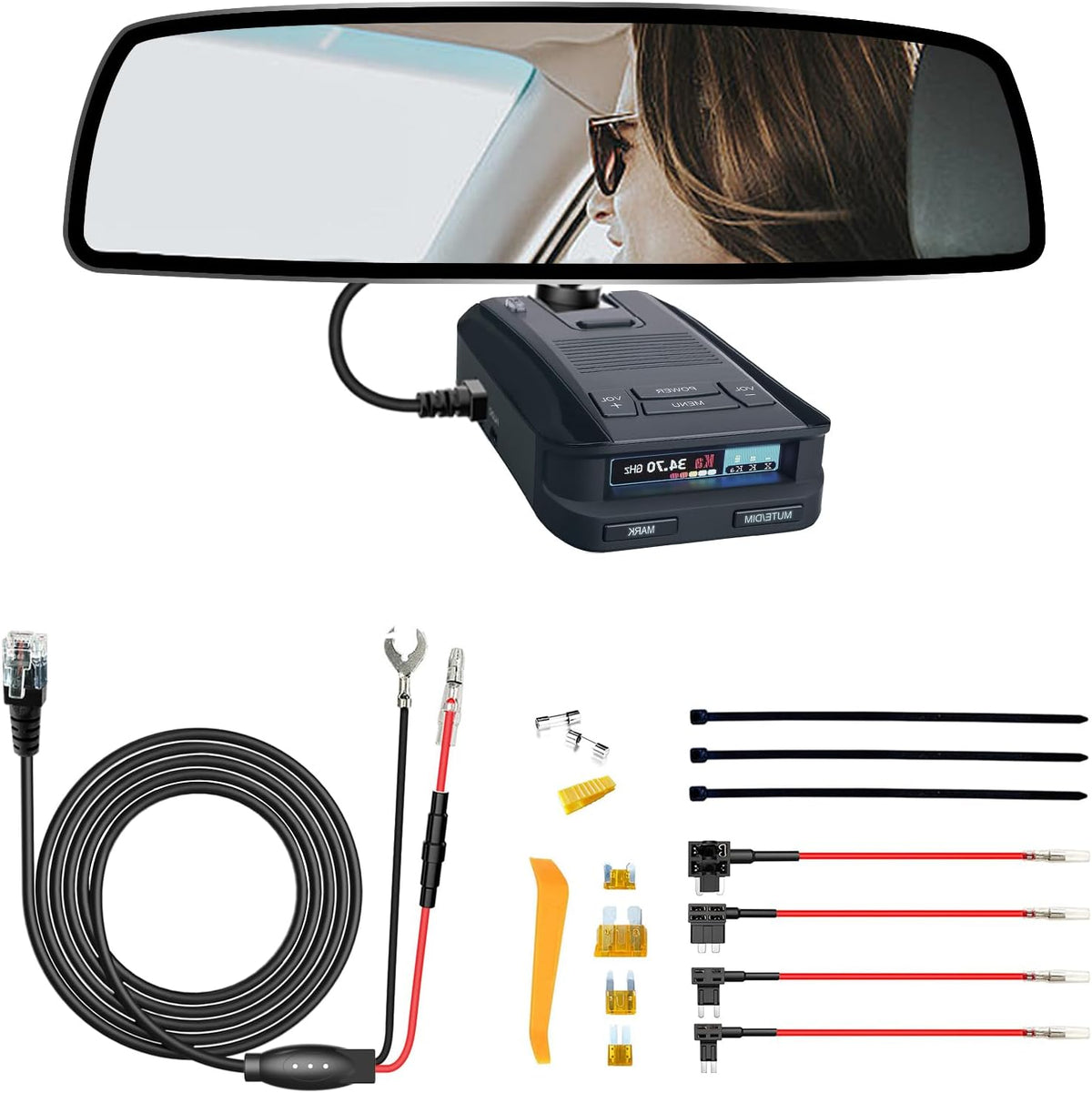 Radar Detector Rearview Mirror Rod Mounting Bracket and Radar Direct Power Cord Hardwired Kit and Fuse Tap(for Uniden Radar Models)