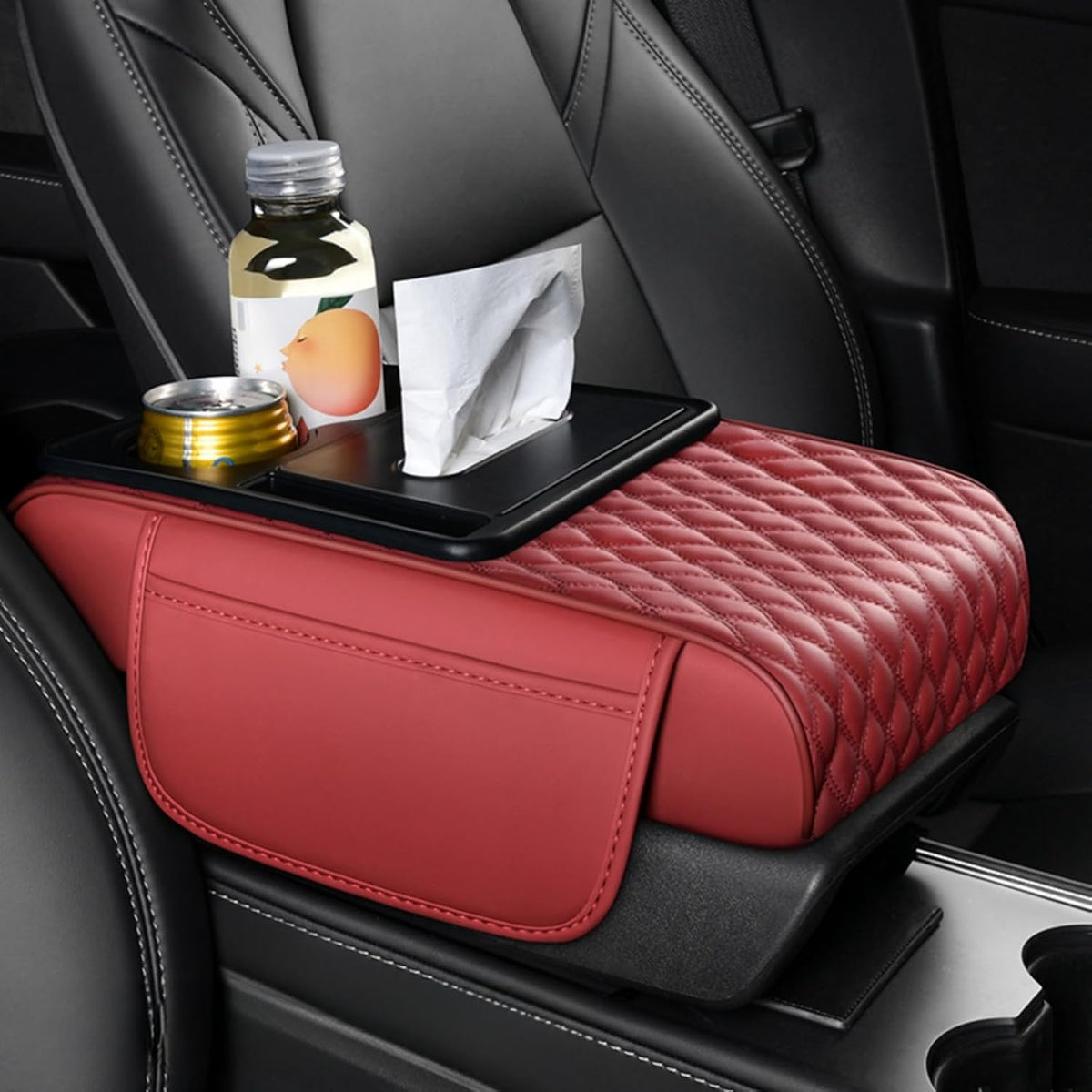 Center Console Cover Organizer, 5-In-1 Arm Rest Cover for Car with Cup Holder & Storage Pocket & Tissue Holder, Armrest Cover Cushion Pad, Water Ripples, Red