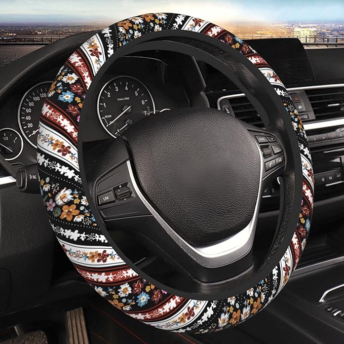 Boho Floral Steering Wheel Cover Women Men Flower Elastic Stretch Soft Car Wheel Protector Universal Breathable No-Slip Car Accessories for Truck Van SUV Auto Fit 14-15 Inches