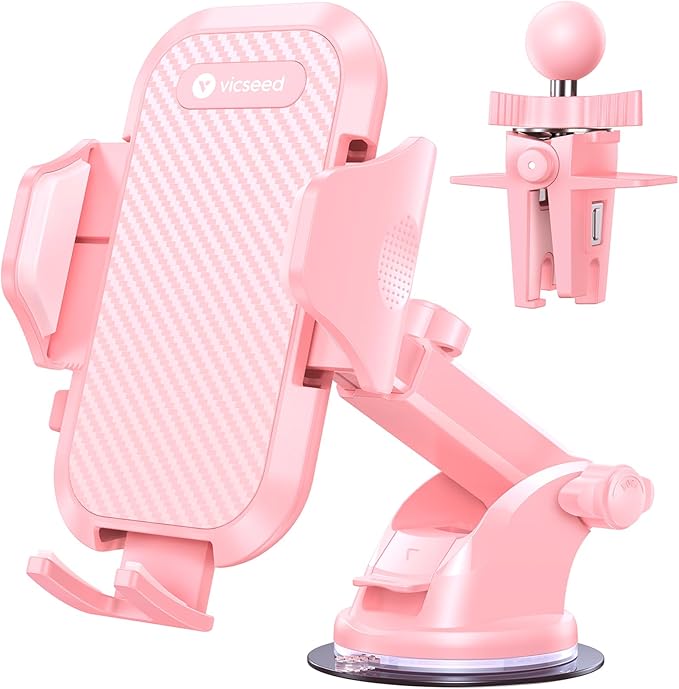 VICSEED Pink Phone Holders for Your Car, [True Military-Grade Shockproof Strongest Suction Power], 3-in-1 Dashboard Windshield Vent, Truck Boat Stand Cell Phone Mount for iPhone Android All Phones